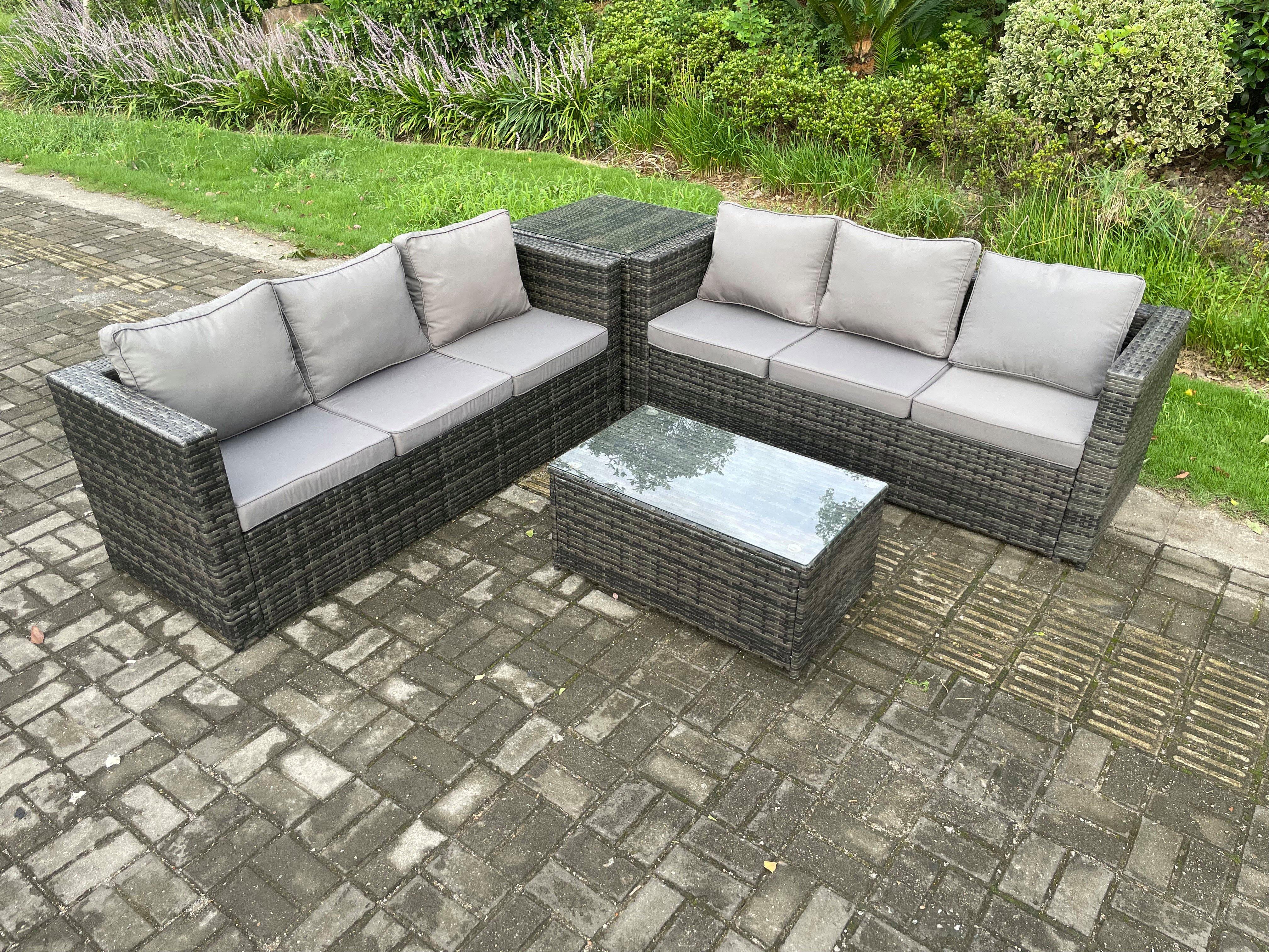 6 Seater Rattan Garden Furniture Set Outdoor Patio Sofa Set with Oblong Coffee Table Side Table Dark